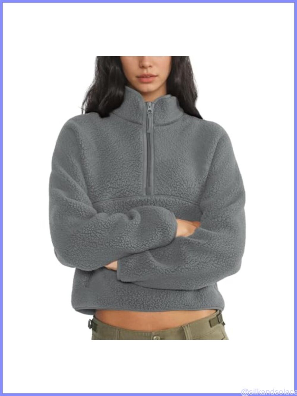 Womens Fleece Cropped Half Zip Sherpa Pullover Sweatshirt Zip Pockets